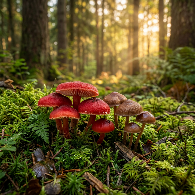 Glowing mushrooms in a dark mystical forest